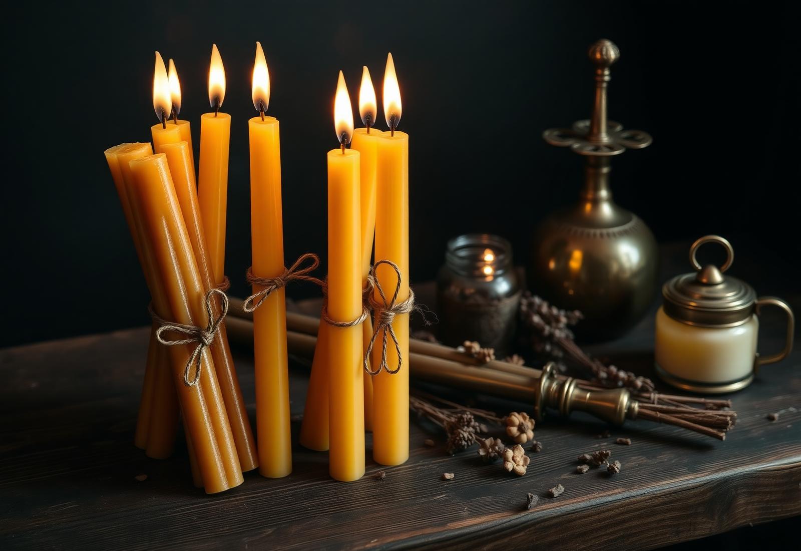 Bundle of six golden hand-dipped beeswax tapers tied with twine