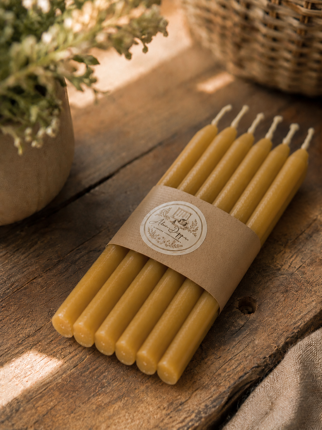 Hearth bundle of six hand-dipped beeswax tapers tied with twine