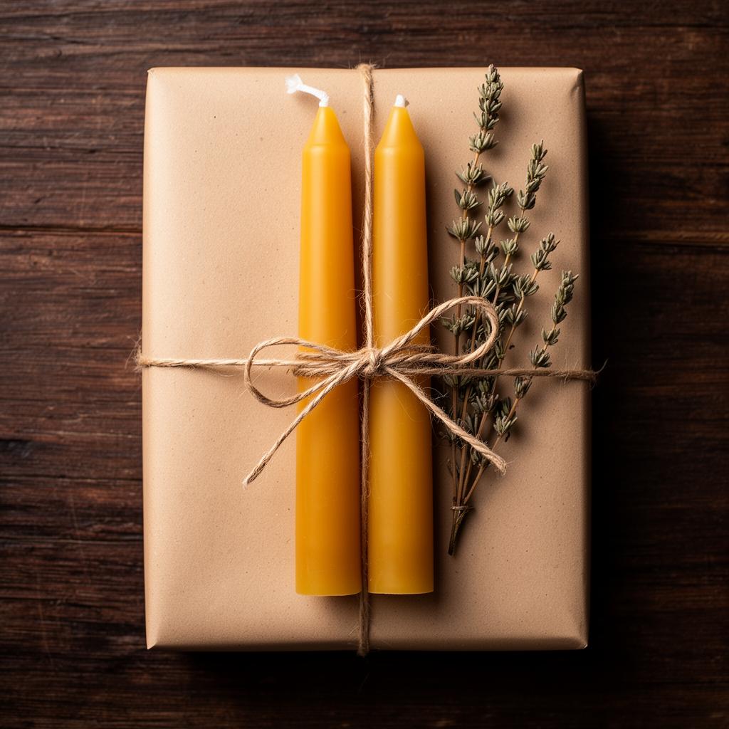 A pair of beeswax taper candles tied with twine on kraft gift wrap