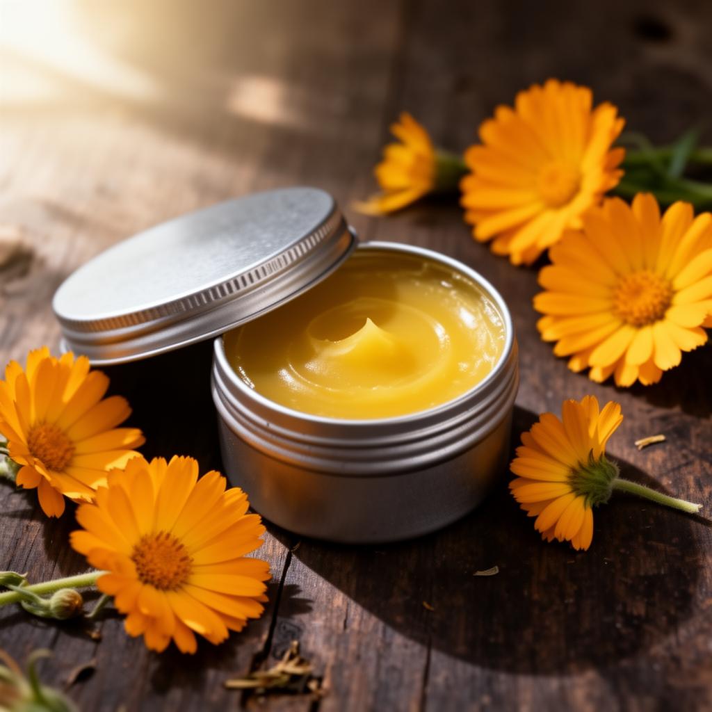 An open tin of golden calendula healing salve with fresh calendula flowers