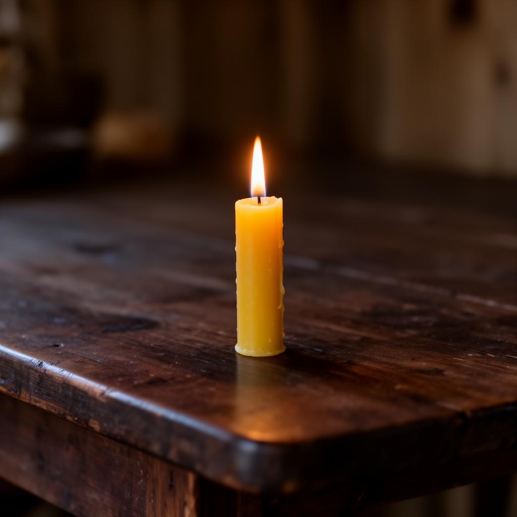 A single lit pure beeswax taper candle on a dark wooden table