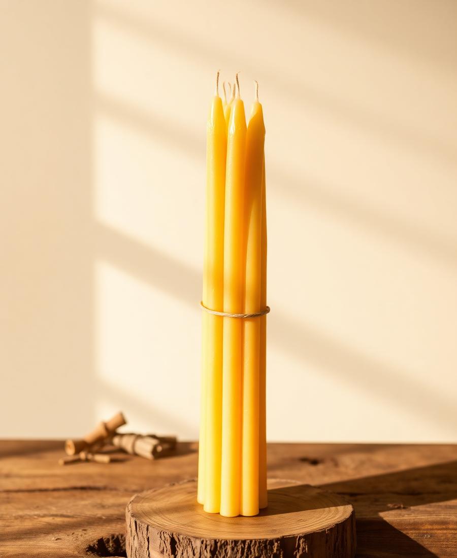 Bundle of golden hand-dipped pure beeswax taper candles
