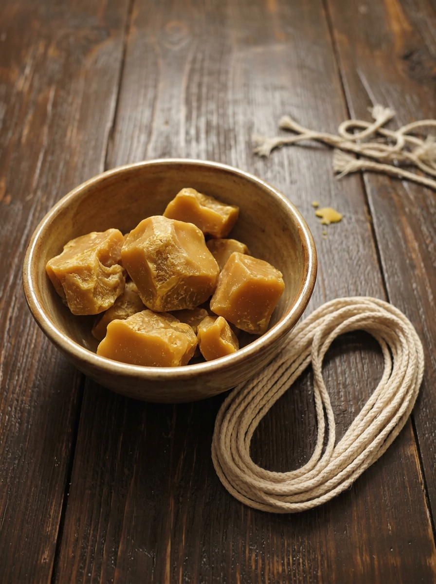 Raw golden organic beeswax in a rustic bowl beside a length of cotton wick
