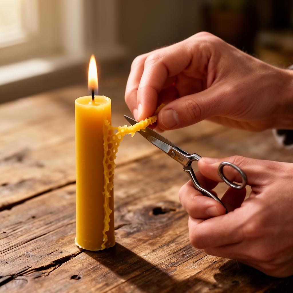 Hands trimming the wick of a beeswax taper candle